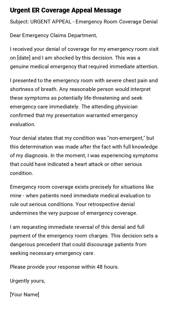 Urgent ER Coverage Appeal Message Urgent ER Coverage Appeal Message