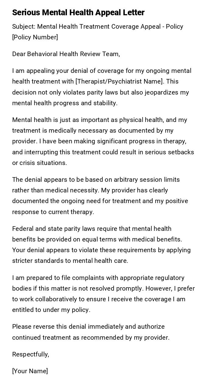 Serious Mental Health Appeal Letter Serious Mental Health Appeal Letter
