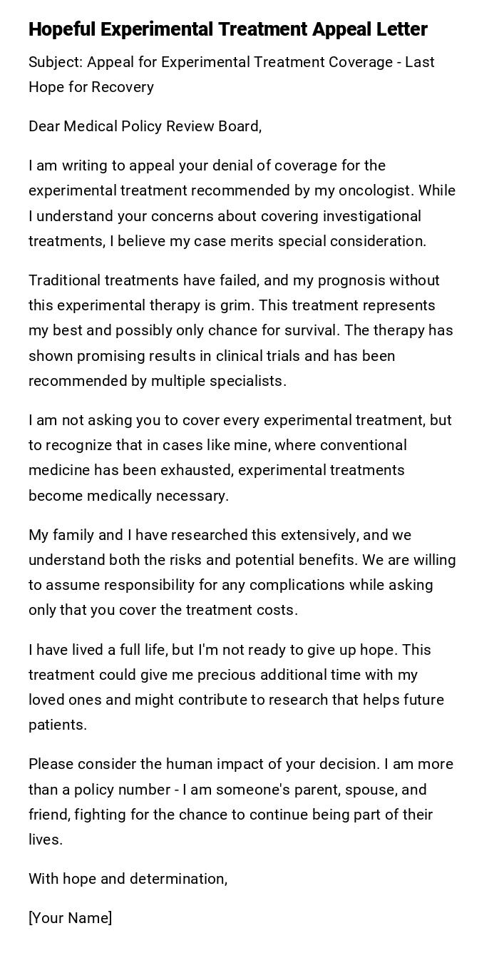 Hopeful Experimental Treatment Appeal Letter Hopeful Experimental Treatment Appeal Letter