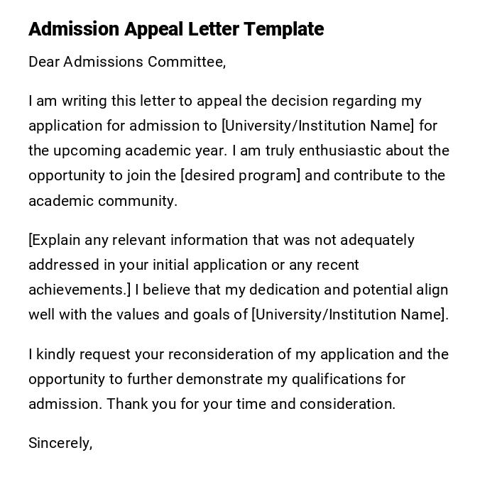 Admission Appeal Letter Template