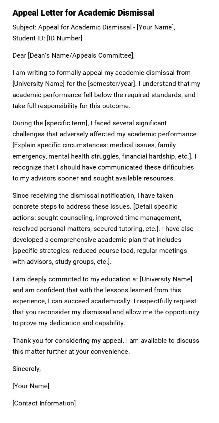 Appeal Letter for Academic Dismissal Appeal Letter for Academic Dismissal