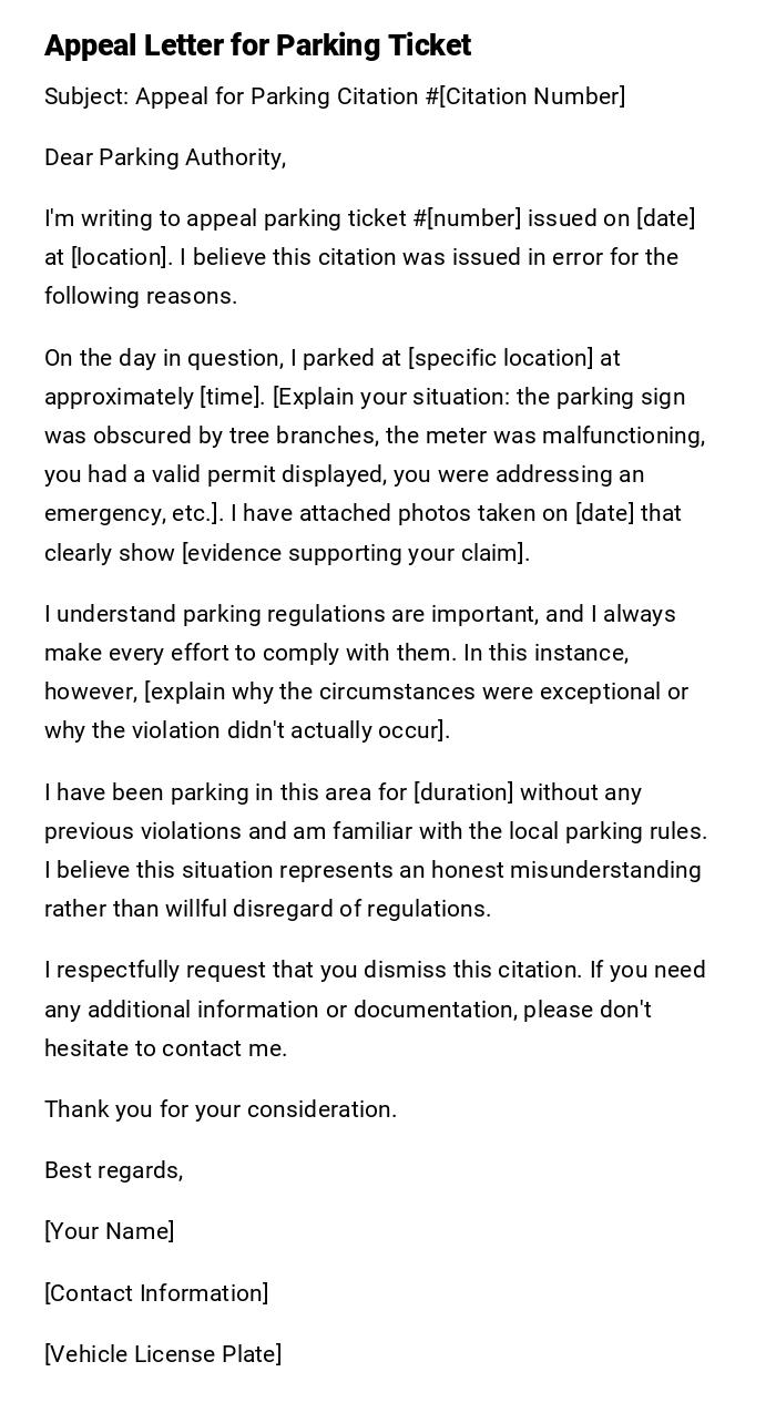 Appeal Letter for Parking Ticket Appeal Letter for Parking Ticket