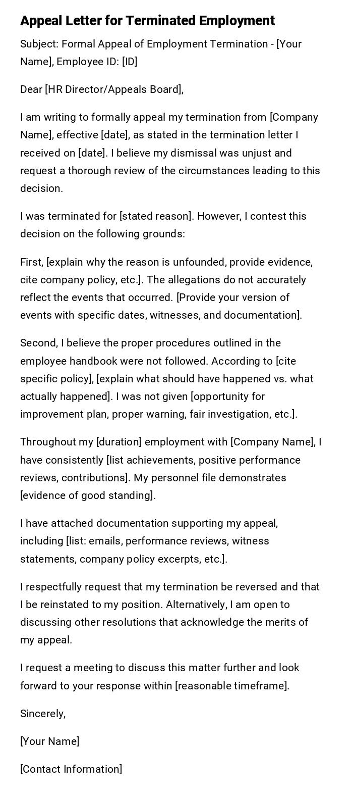Appeal Letter for Terminated Employment Appeal Letter for Terminated Employment