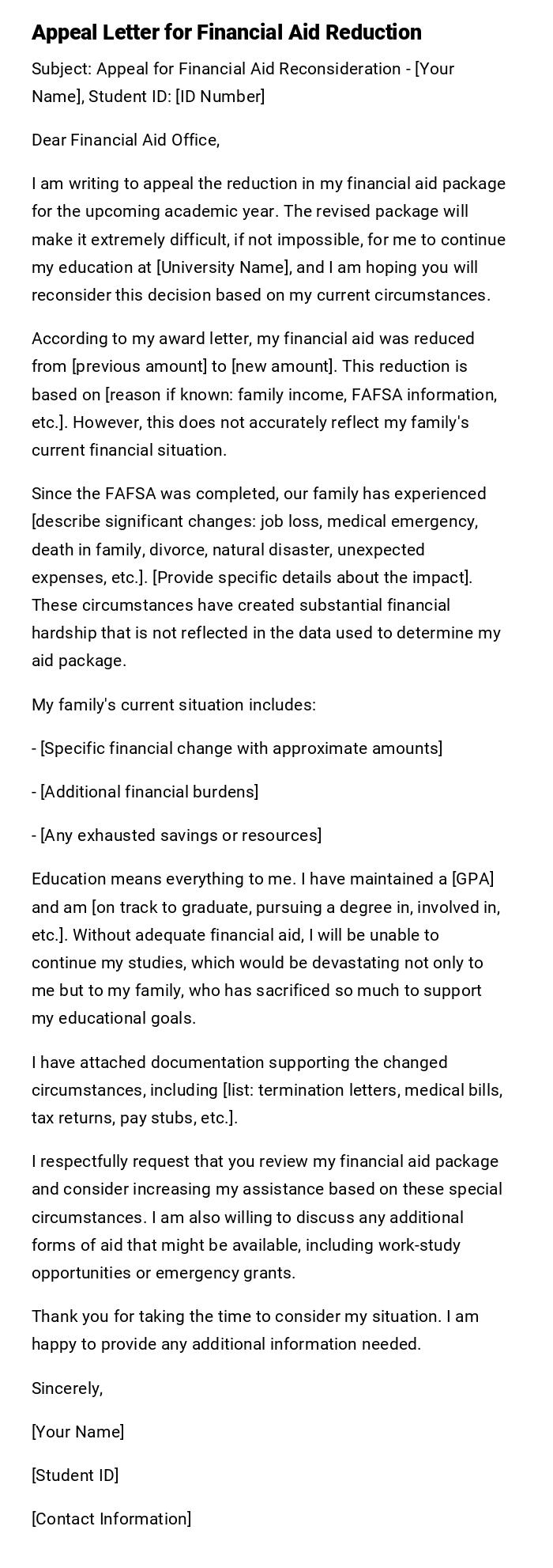 Appeal Letter for Financial Aid Reduction Appeal Letter for Financial Aid Reduction