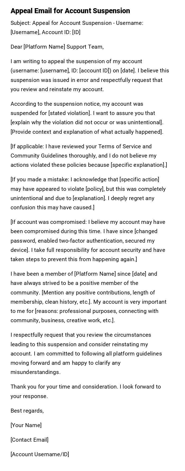 Appeal Email for Account Suspension Appeal Email for Account Suspension
