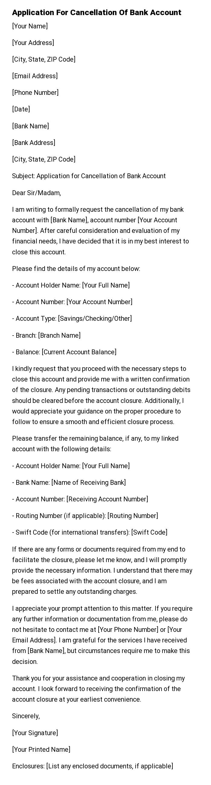 Application For Cancellation Of Bank Account