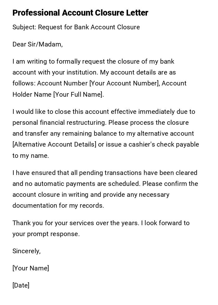 Professional Account Closure Letter Professional Account Closure Letter