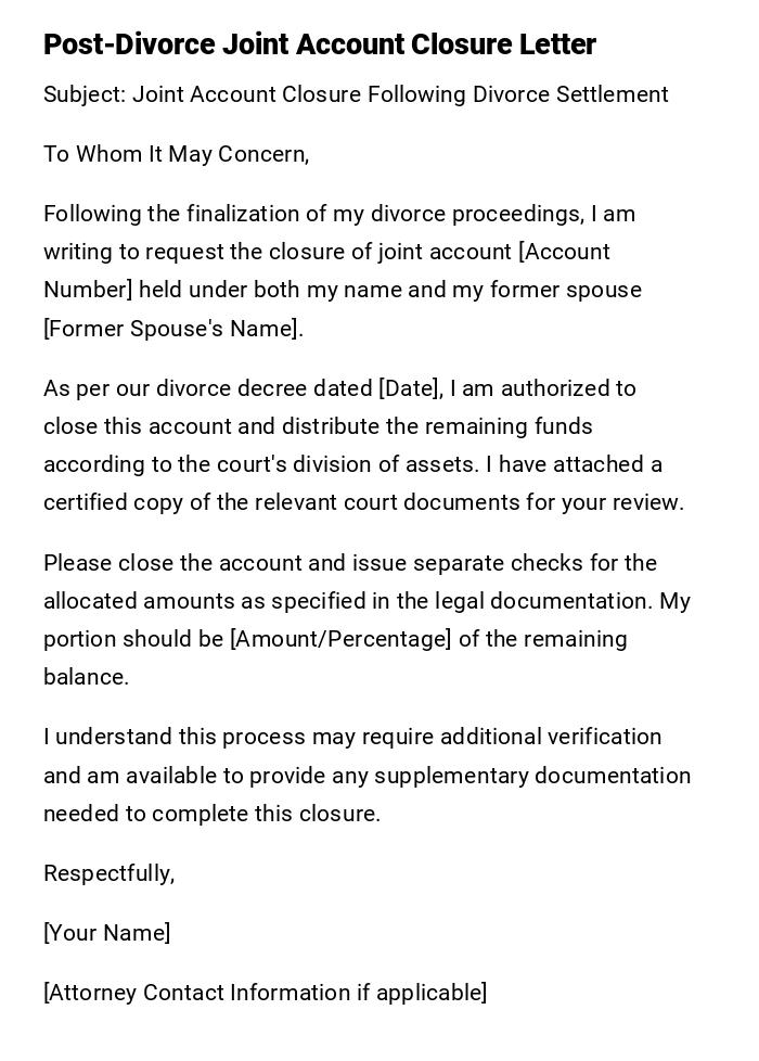 Post-Divorce Joint Account Closure Letter Post-Divorce Joint Account Closure Letter