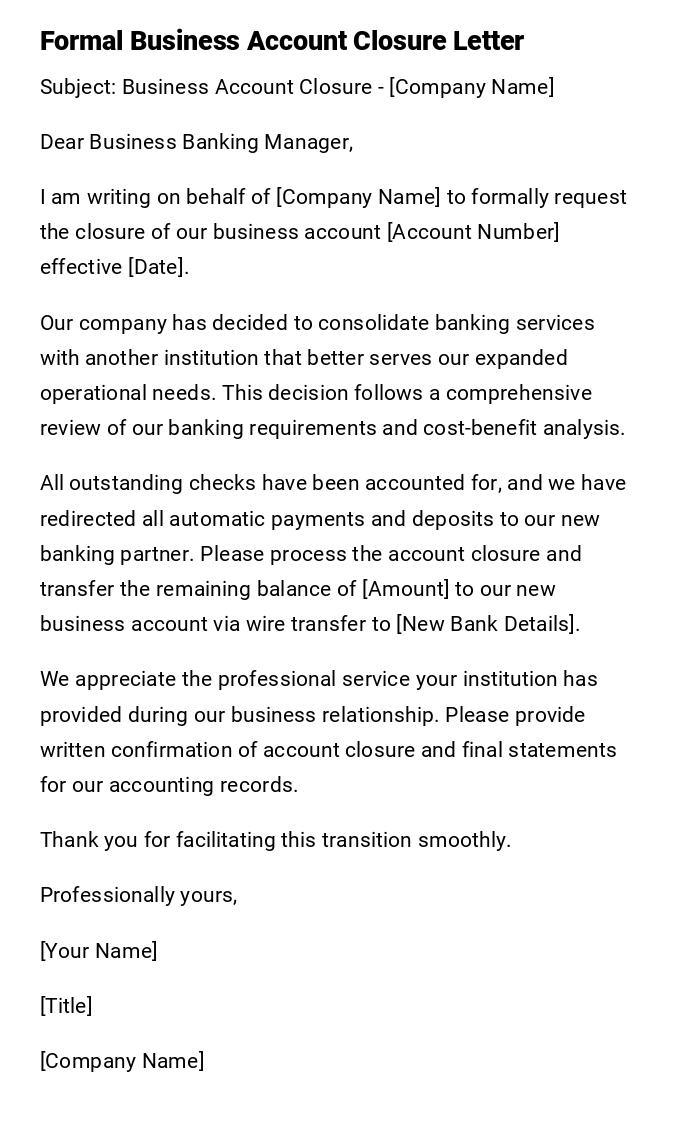 Formal Business Account Closure Letter Formal Business Account Closure Letter