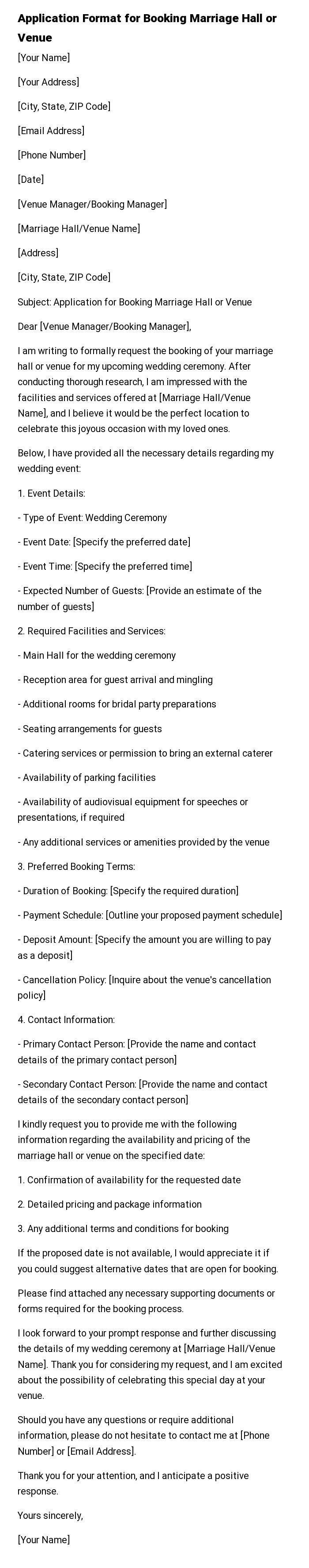 Application Format for Booking Marriage Hall or Venue