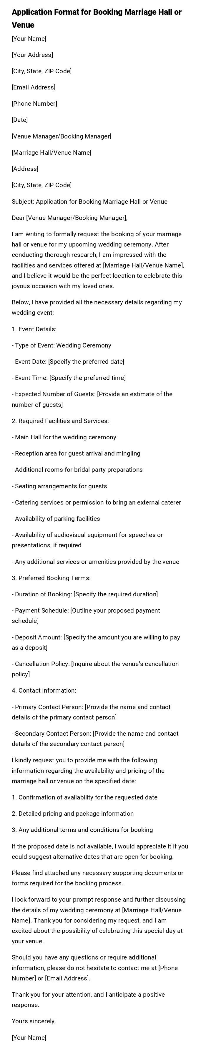 Application Format for Booking Marriage Hall or Venue