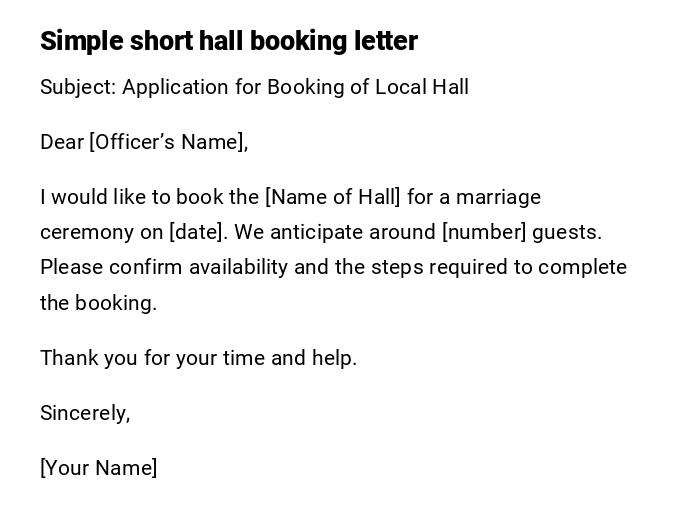 Simple short hall booking letter Simple short hall booking letter