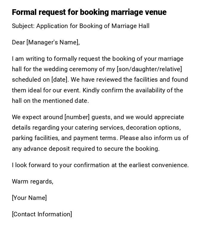Formal request for booking marriage venue Formal request for booking marriage venue