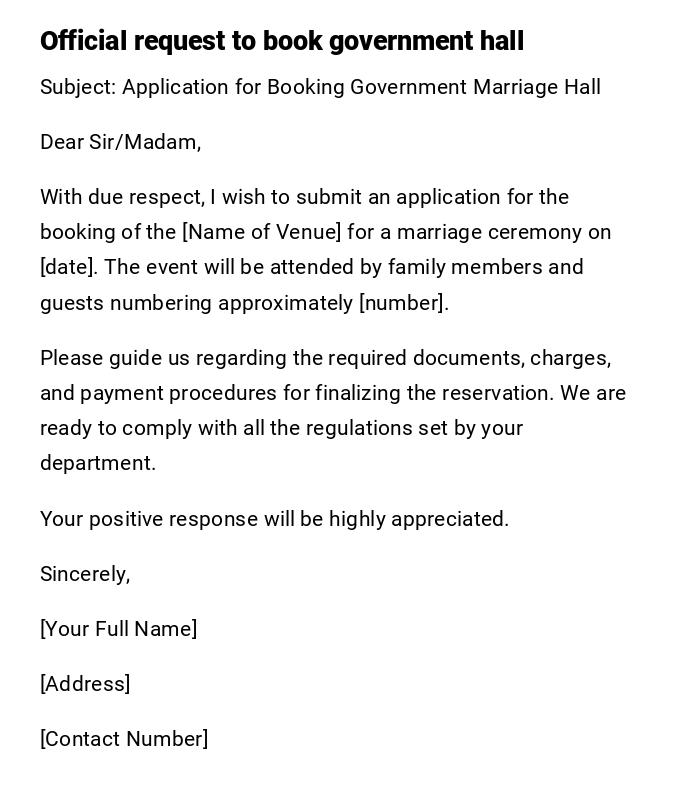 Official request to book government hall Official request to book government hall