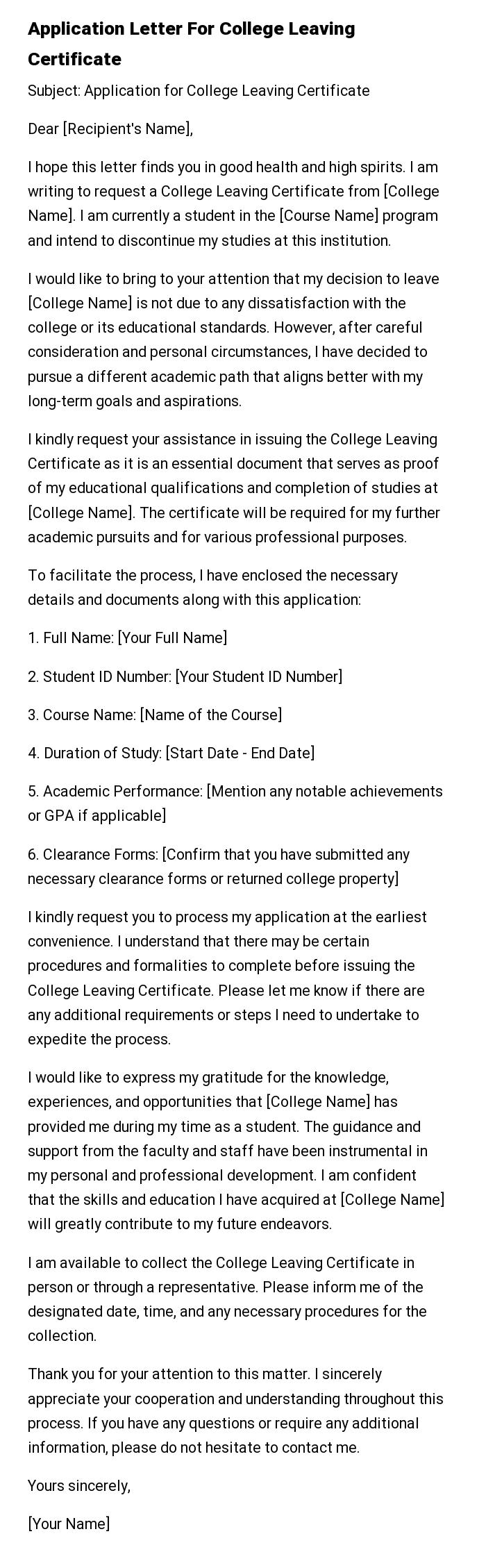 Application Letter For College Leaving Certificate