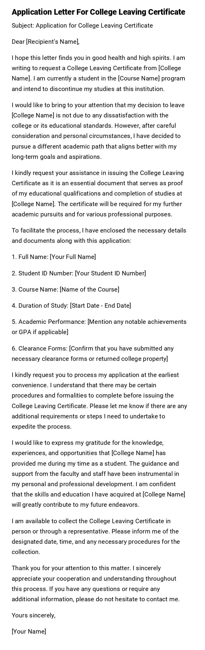 Application Letter For College Leaving Certificate