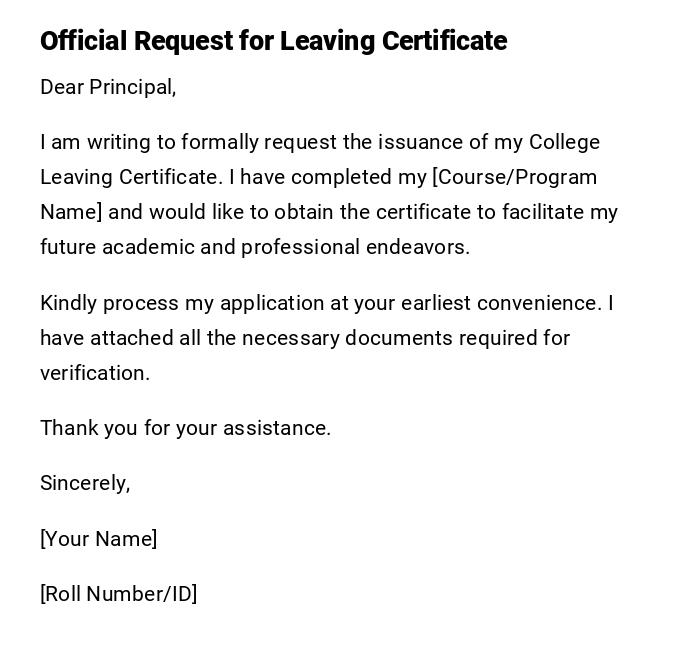 Official Request for Leaving Certificate