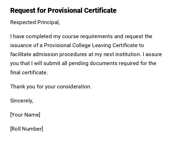 Request for Provisional Certificate
