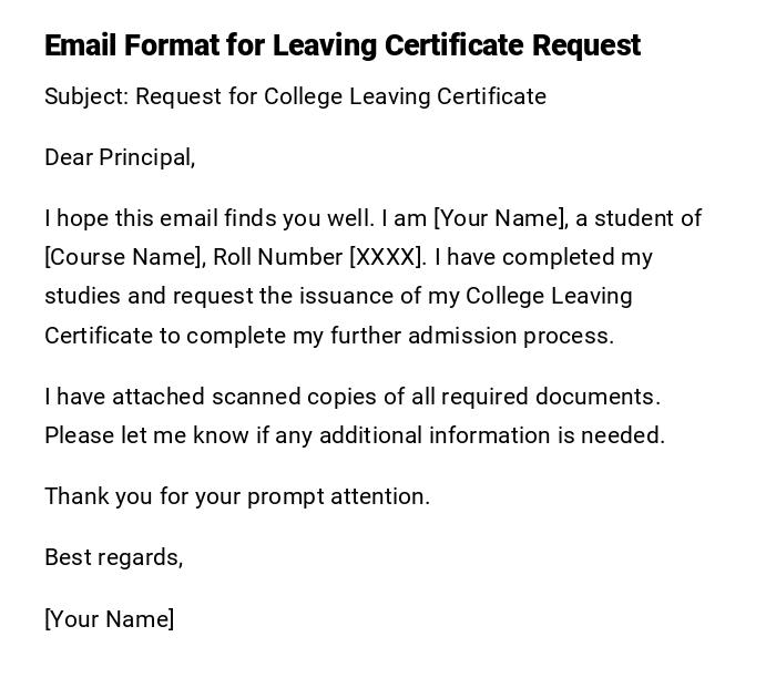 Email Format for Leaving Certificate Request