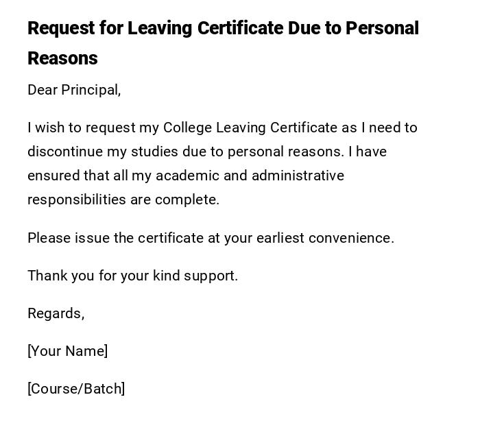 Request for Leaving Certificate Due to Personal Reasons