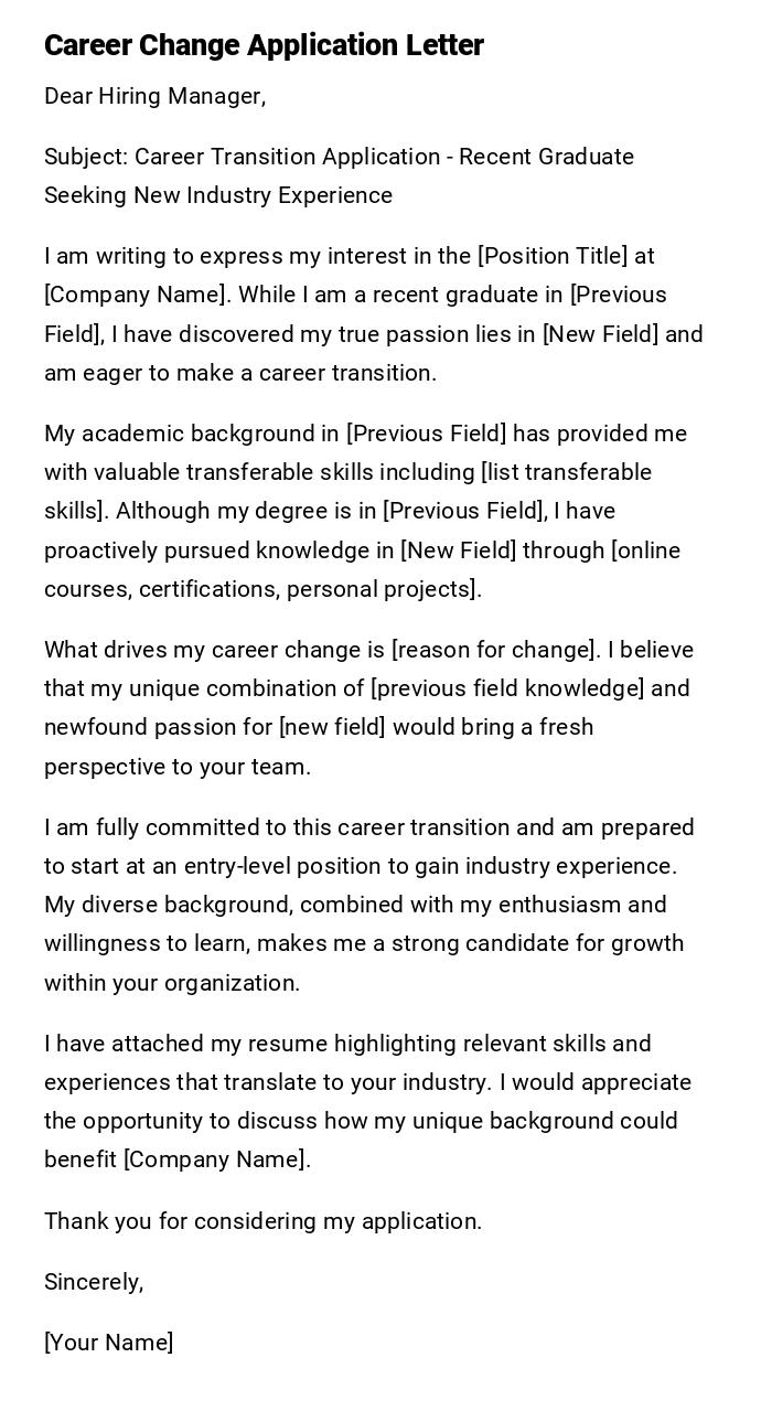 Career Change Application Letter Career Change Application Letter