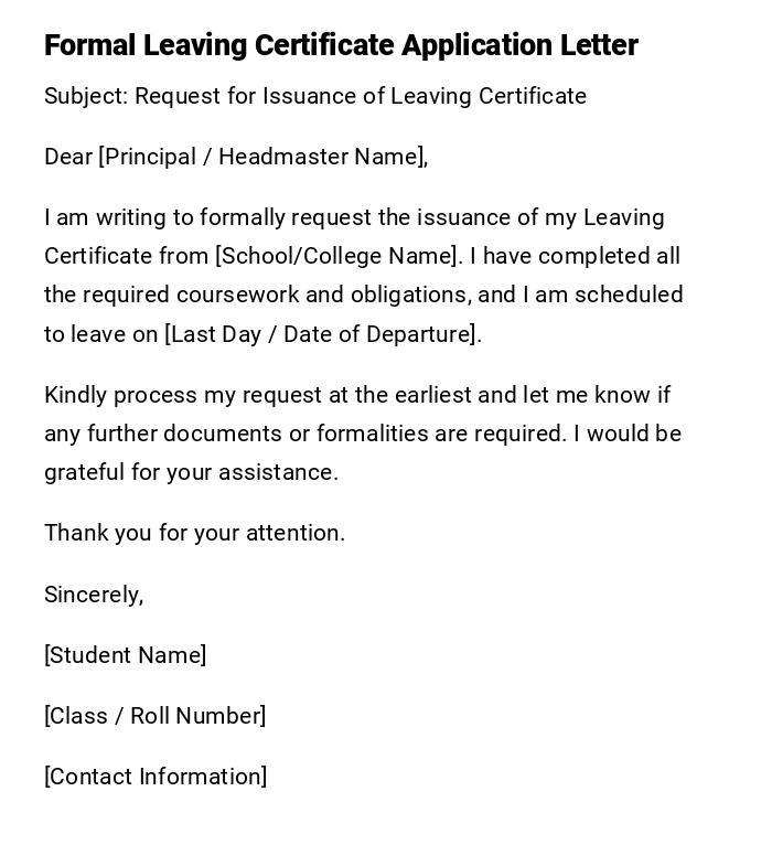 Formal Leaving Certificate Application Letter