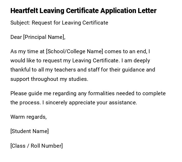 Heartfelt Leaving Certificate Application Letter