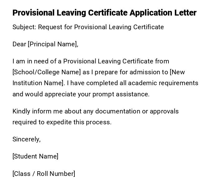 Provisional Leaving Certificate Application Letter