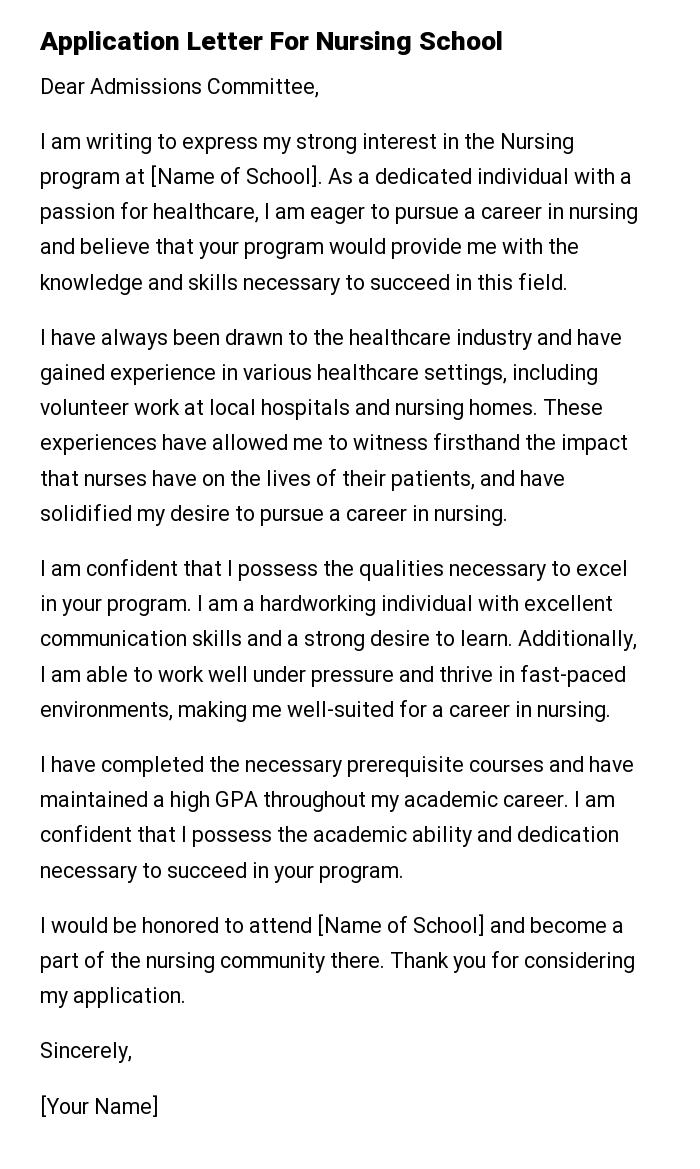 Application Letter For Nursing School