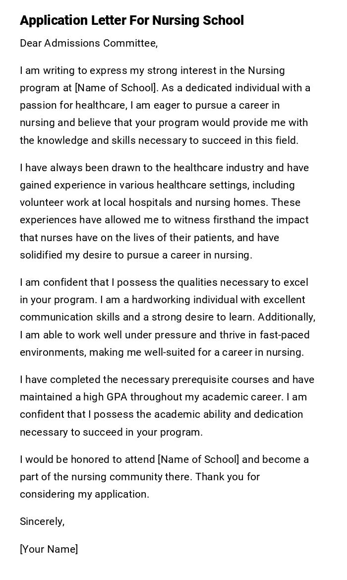 Application Letter For Nursing School