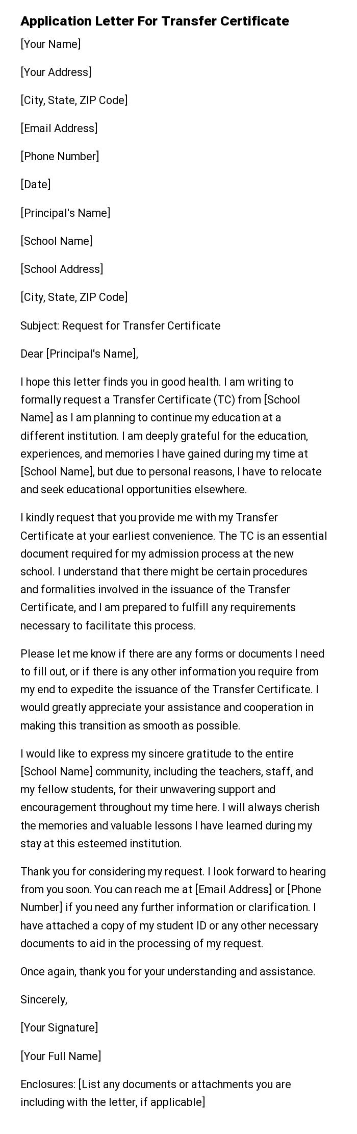 Application Letter For Transfer Certificate