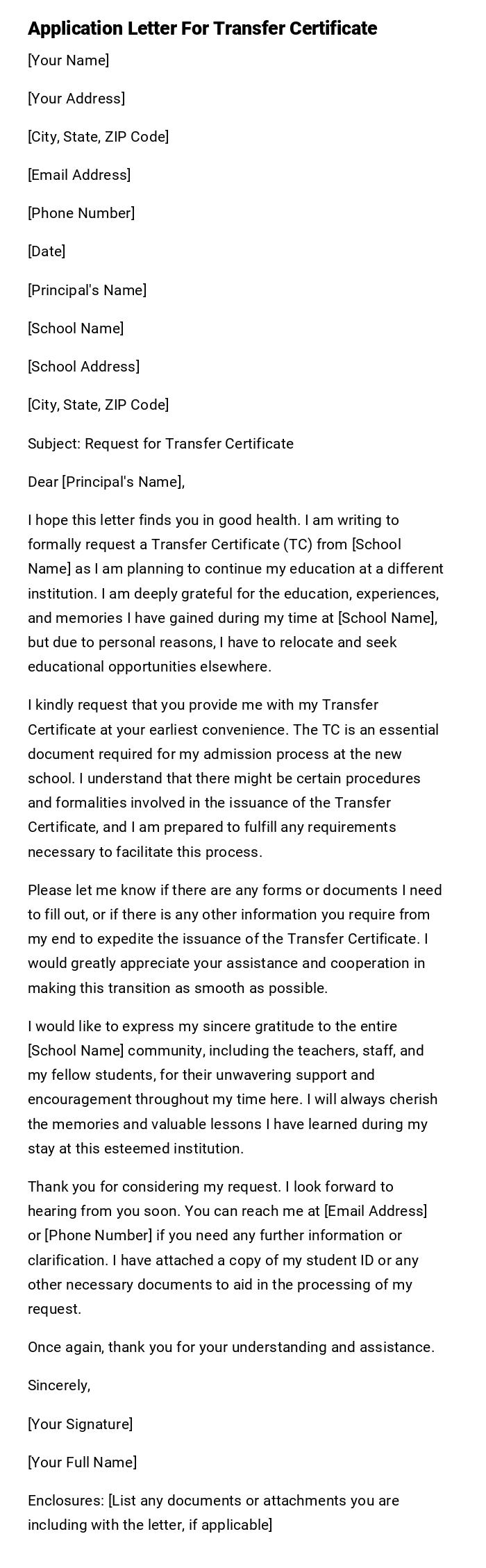 Application Letter For Transfer Certificate