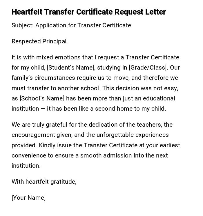 Heartfelt Transfer Certificate Request Letter Heartfelt Transfer Certificate Request Letter