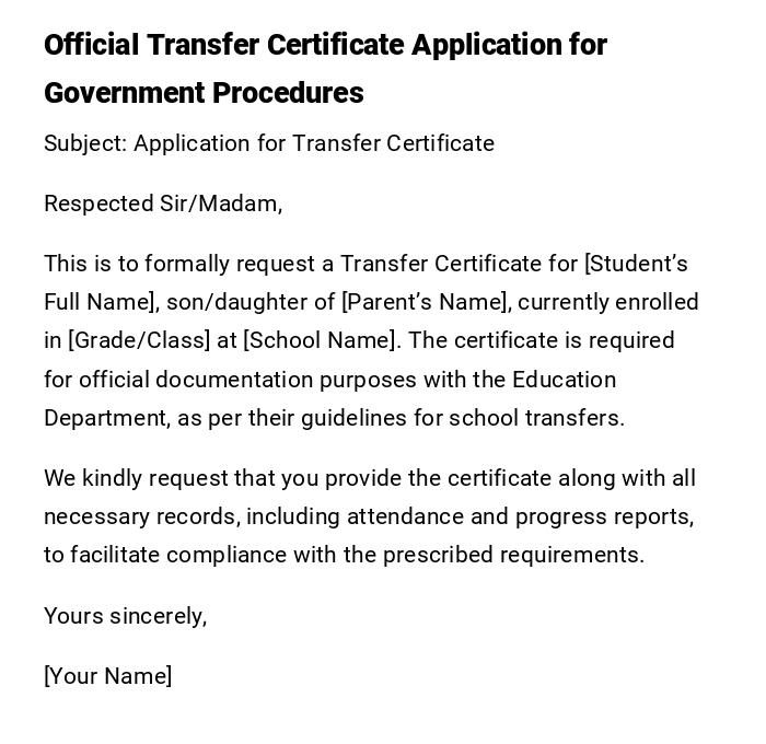 Official Transfer Certificate Application for Government Procedures Official Transfer Certificate Application for Government Procedures