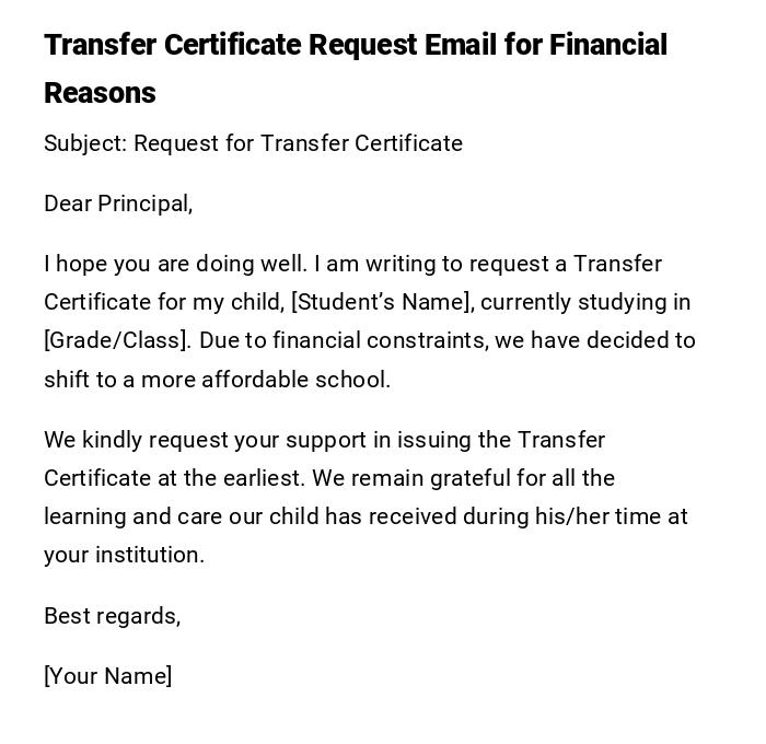 Transfer Certificate Request Email for Financial Reasons Transfer Certificate Request Email for Financial Reasons