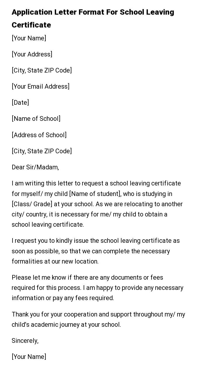 Application Letter Format For School Leaving Certificate