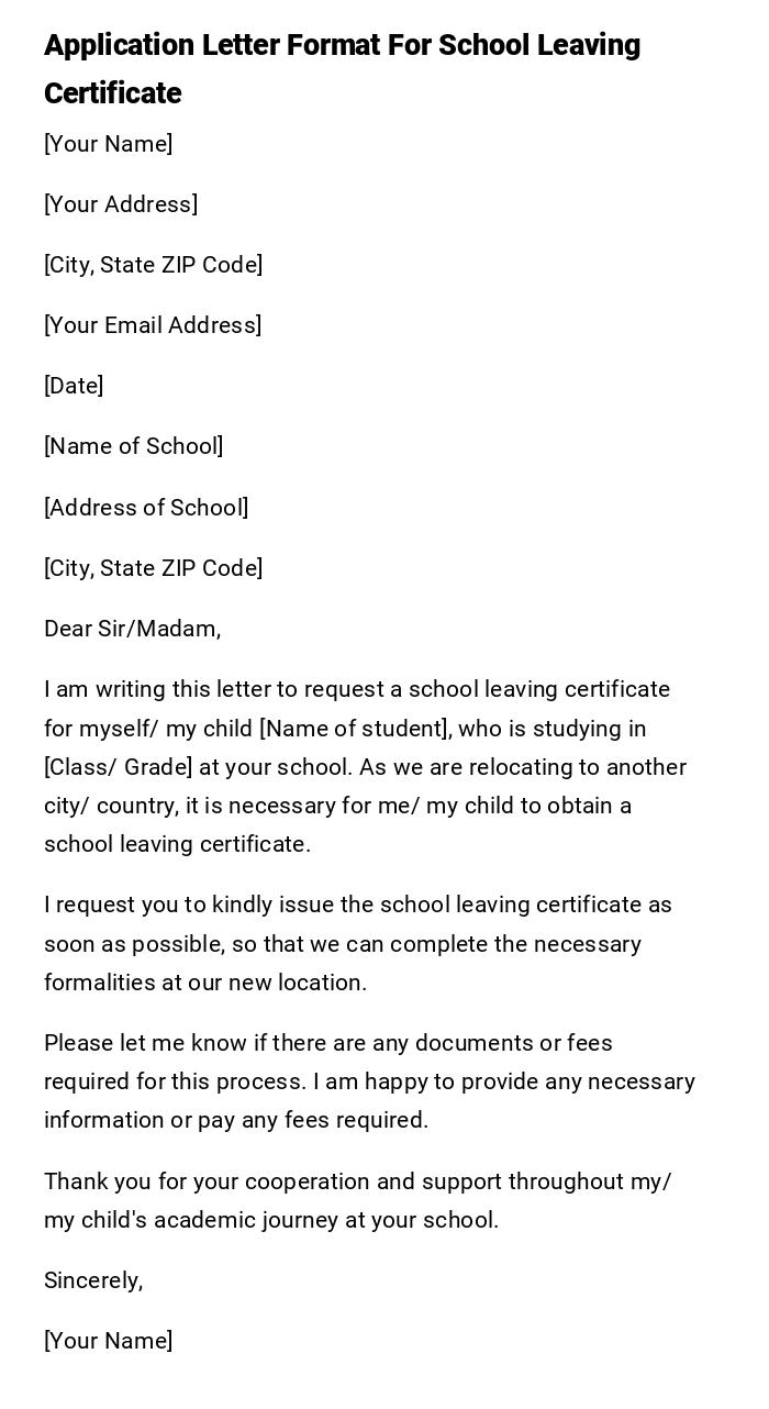 Application Letter Format For School Leaving Certificate