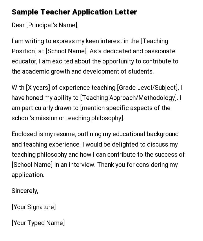 Sample Teacher Application Letter