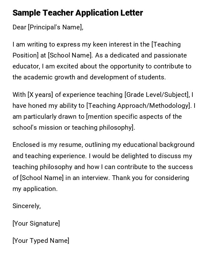 Sample Teacher Application Letter