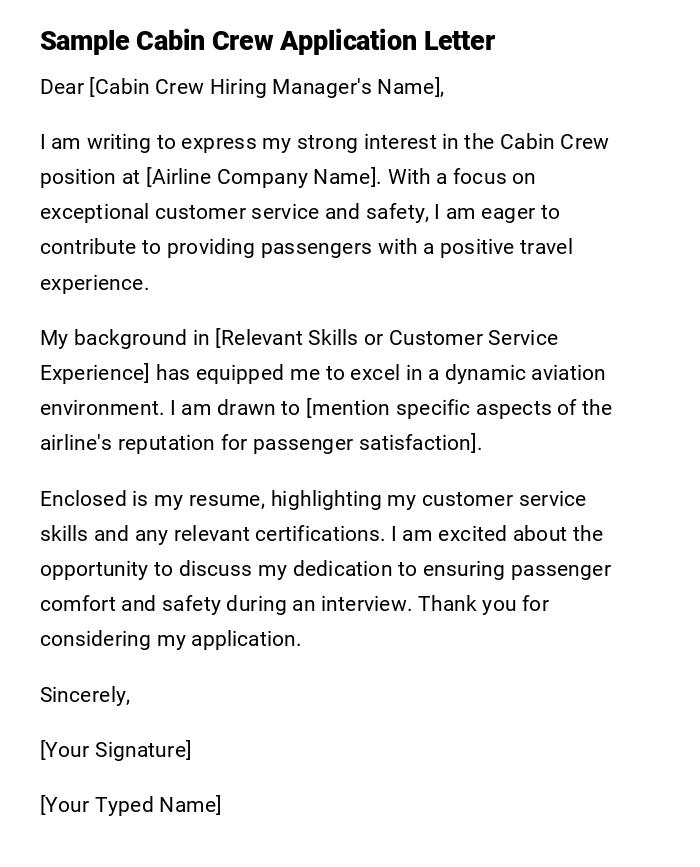 Sample Cabin Crew Application Letter