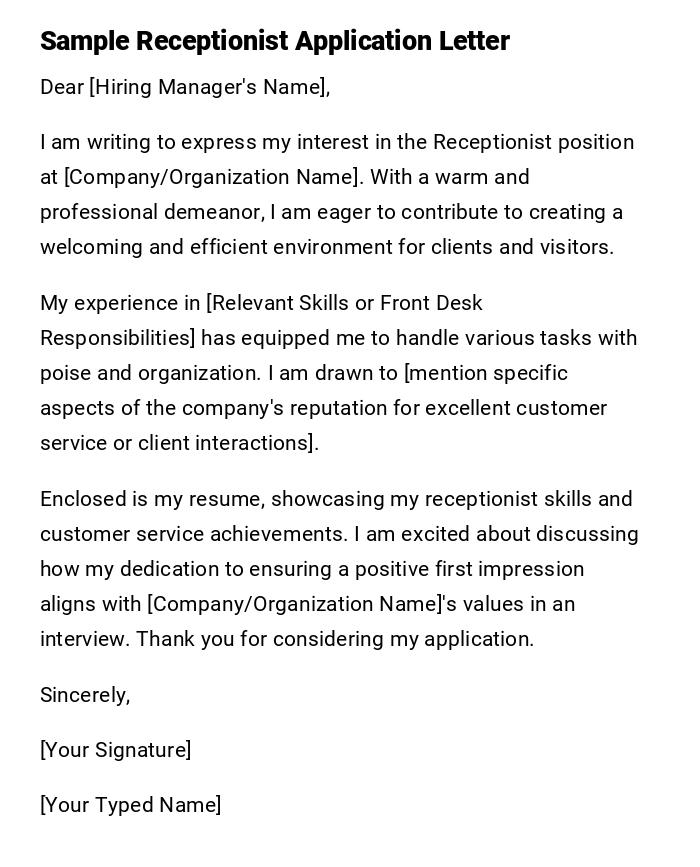 Sample Receptionist Application Letter