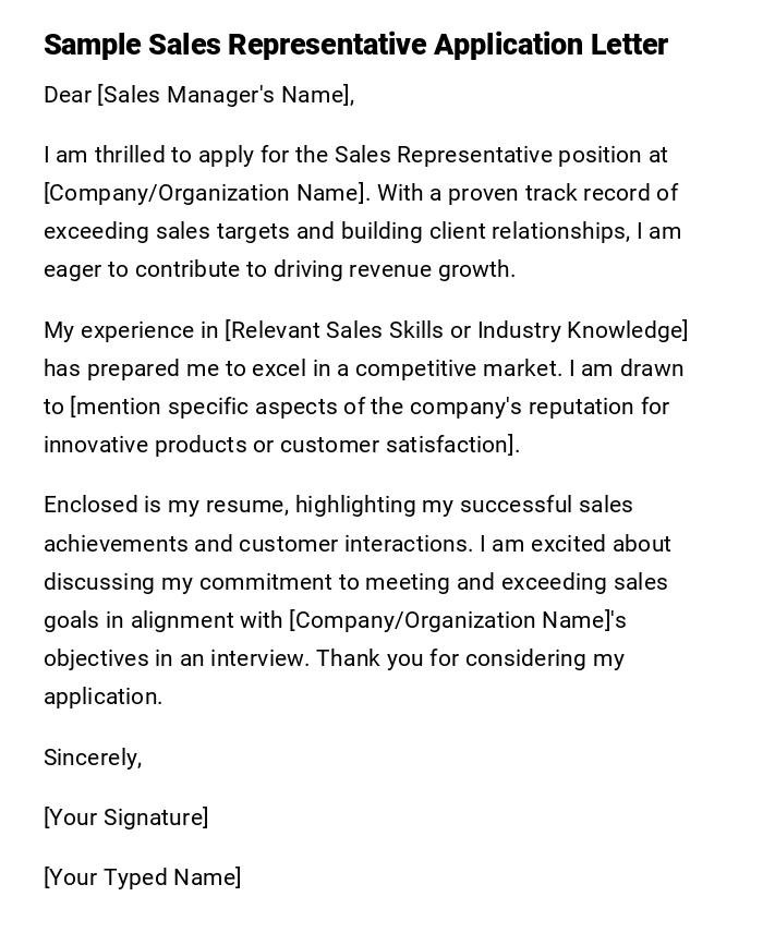 Sample Sales Representative Application Letter