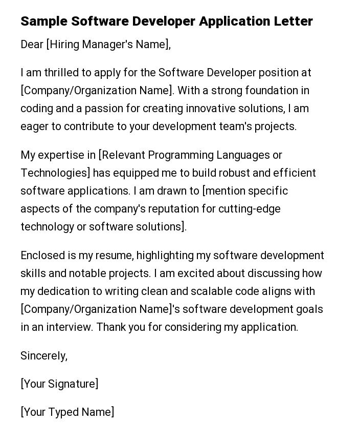 Sample Software Developer Application Letter