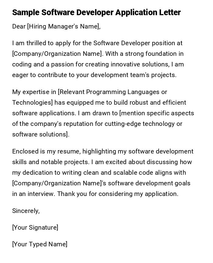 Sample Software Developer Application Letter