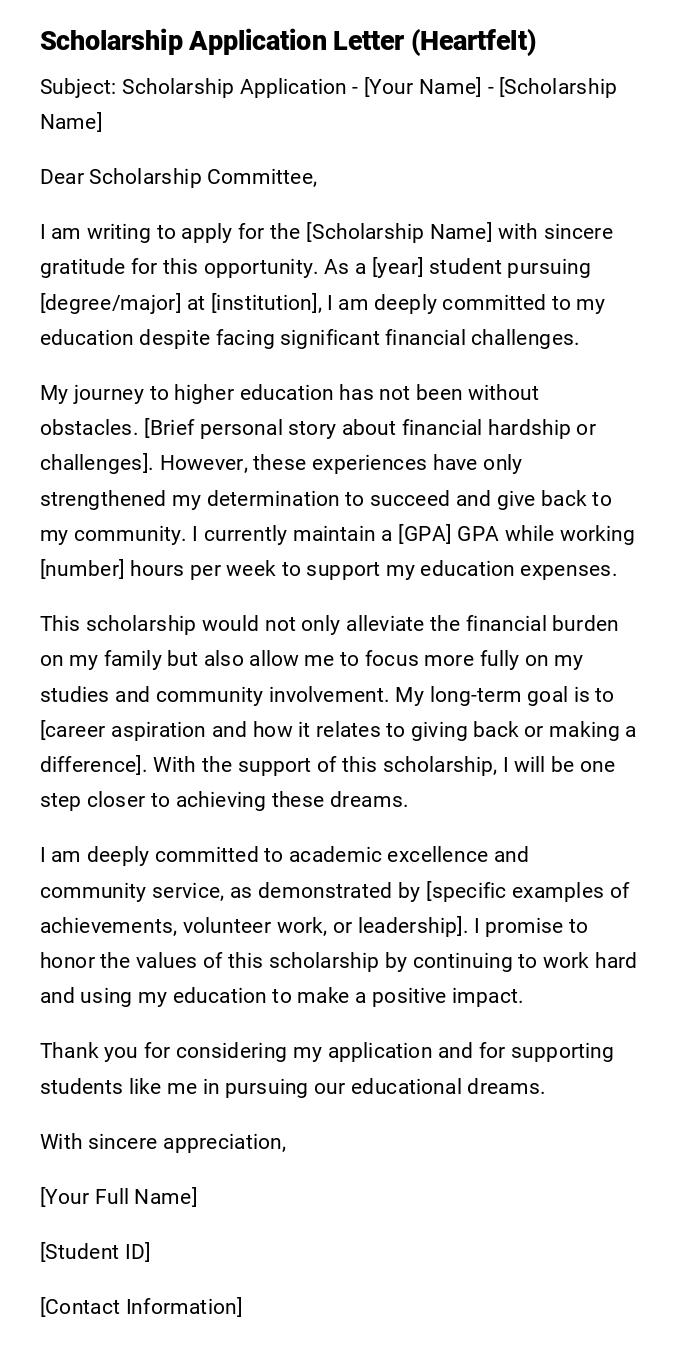 Scholarship Application Letter (Heartfelt) Scholarship Application Letter (Heartfelt)