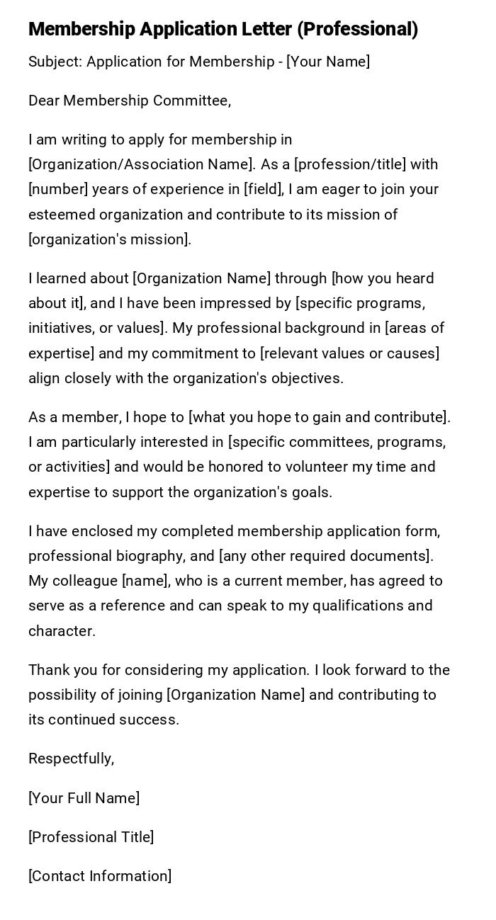 Membership Application Letter (Professional) Membership Application Letter (Professional)