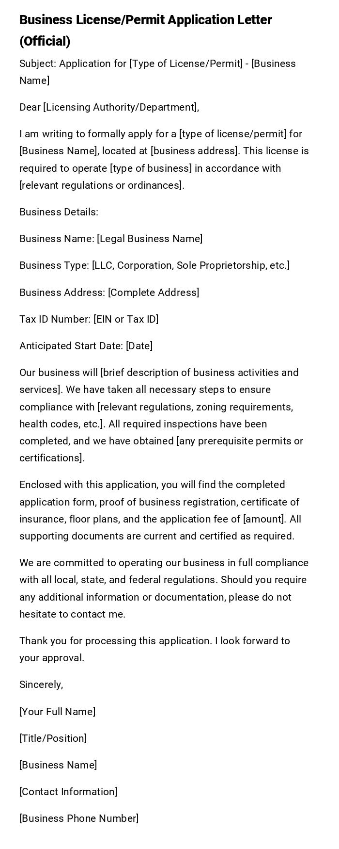 Business License/Permit Application Letter (Official) Business License/Permit Application Letter (Official)