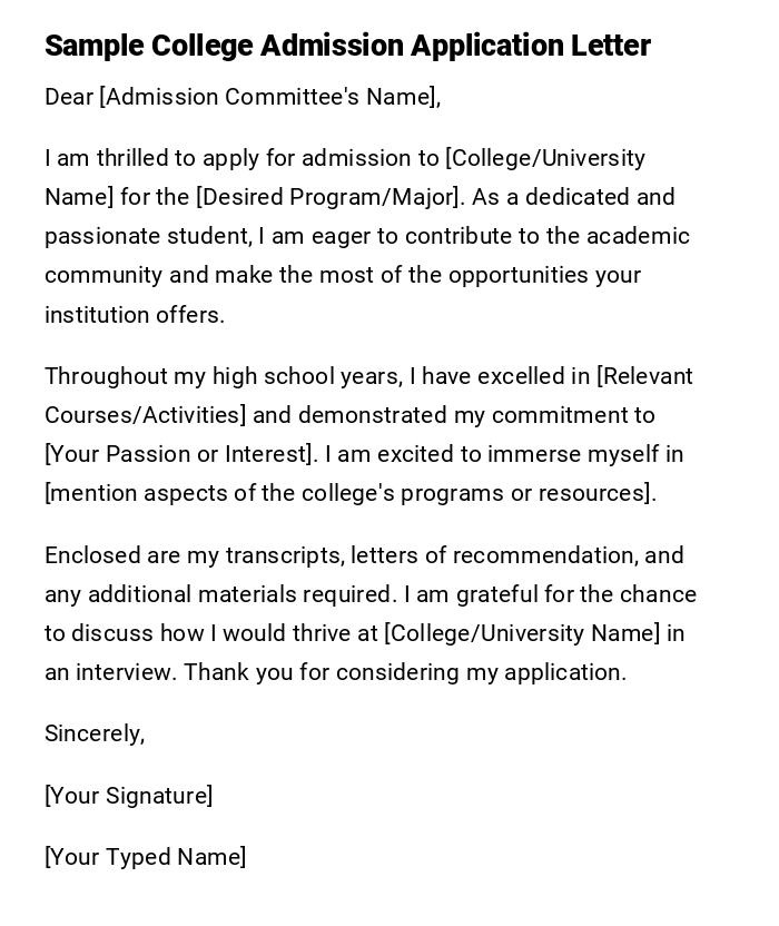 Sample College Admission Application Letter