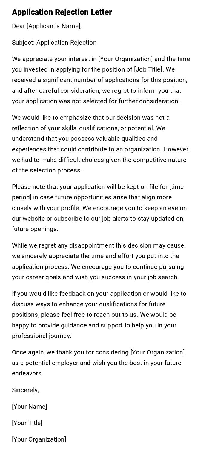 Application Rejection Letter Application Rejection Letter