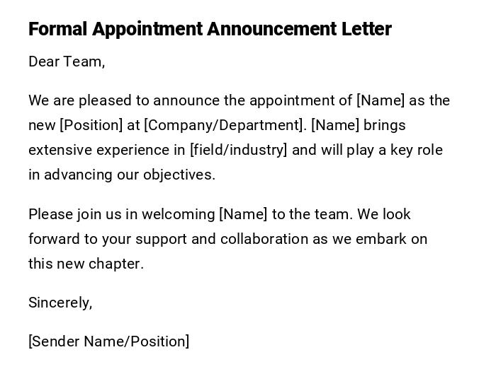 Formal Appointment Announcement Letter Formal Appointment Announcement Letter
